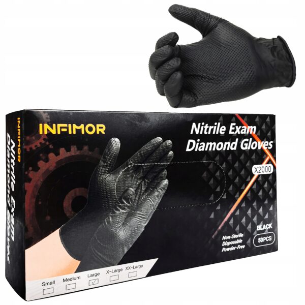 Rękawice Nitrylowe z Diamentową Strukturą INFIMOR 50 sztuk Rozmiar L Czarne Rękawice Nitrylowe z Diamentową Strukturą INFIMOR 50 sztuk Rozmiar L Czarne